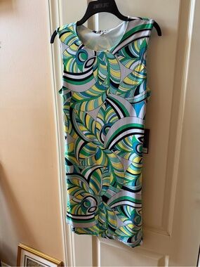 Jennifer Lopez Green Teal Yellow Patterned Sleeveless Dress